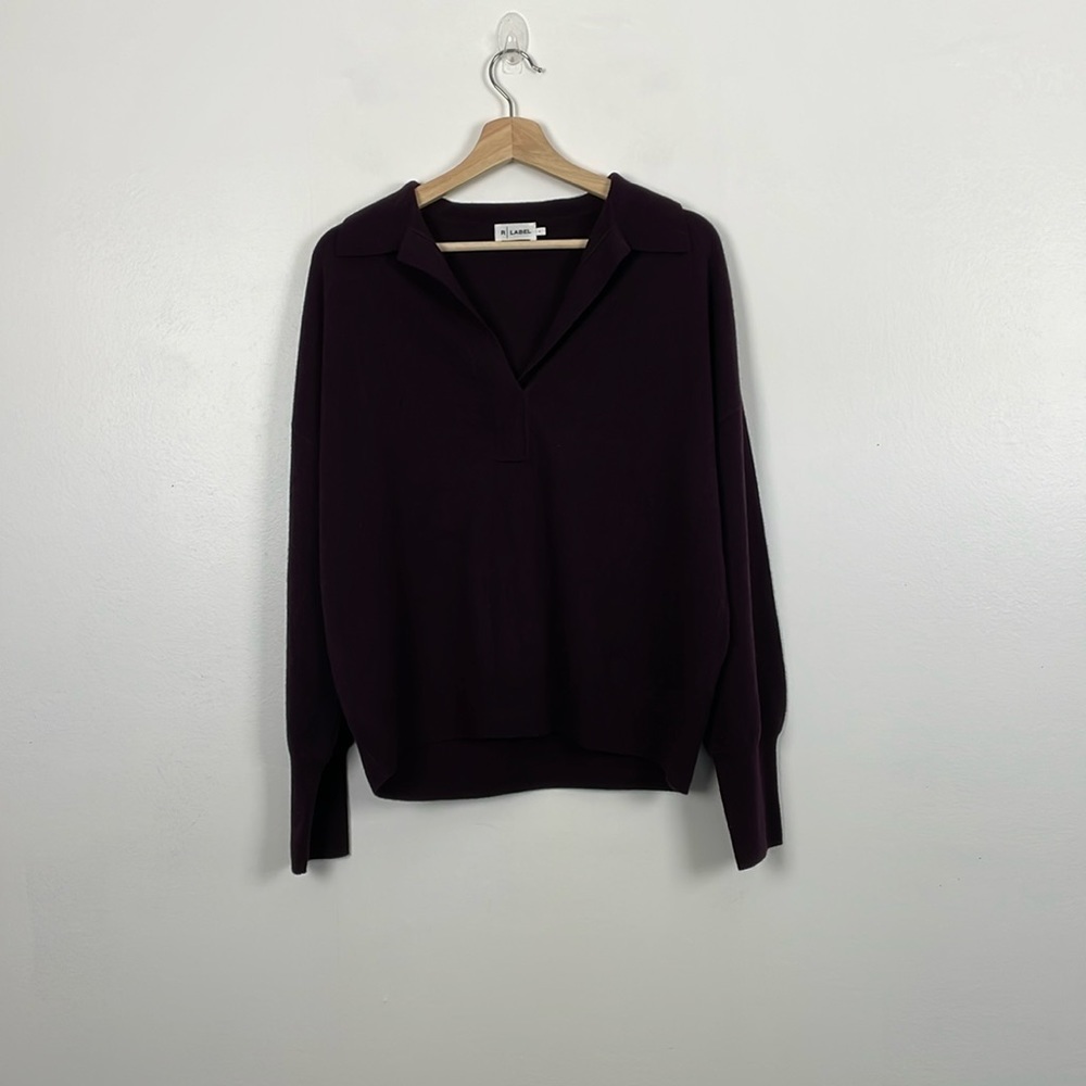 R Label Wool Cashmere Blend Sweater Womens L Collard Long Sleeve V Neck Pullover